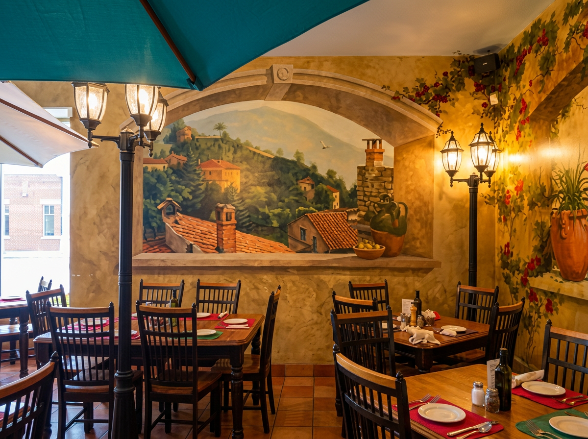 Martinos dining room with Italian village mural and warm lanterns