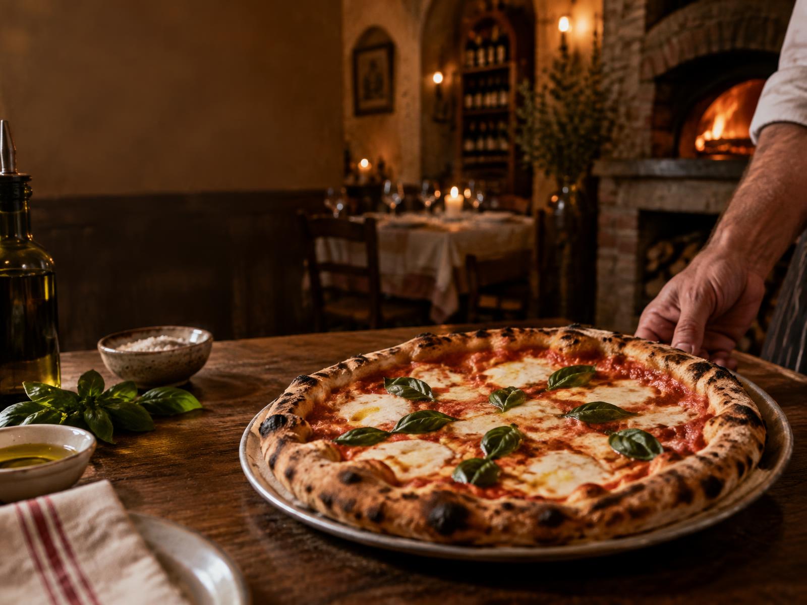 Wood-fired Margherita pizza served beside the brick oven